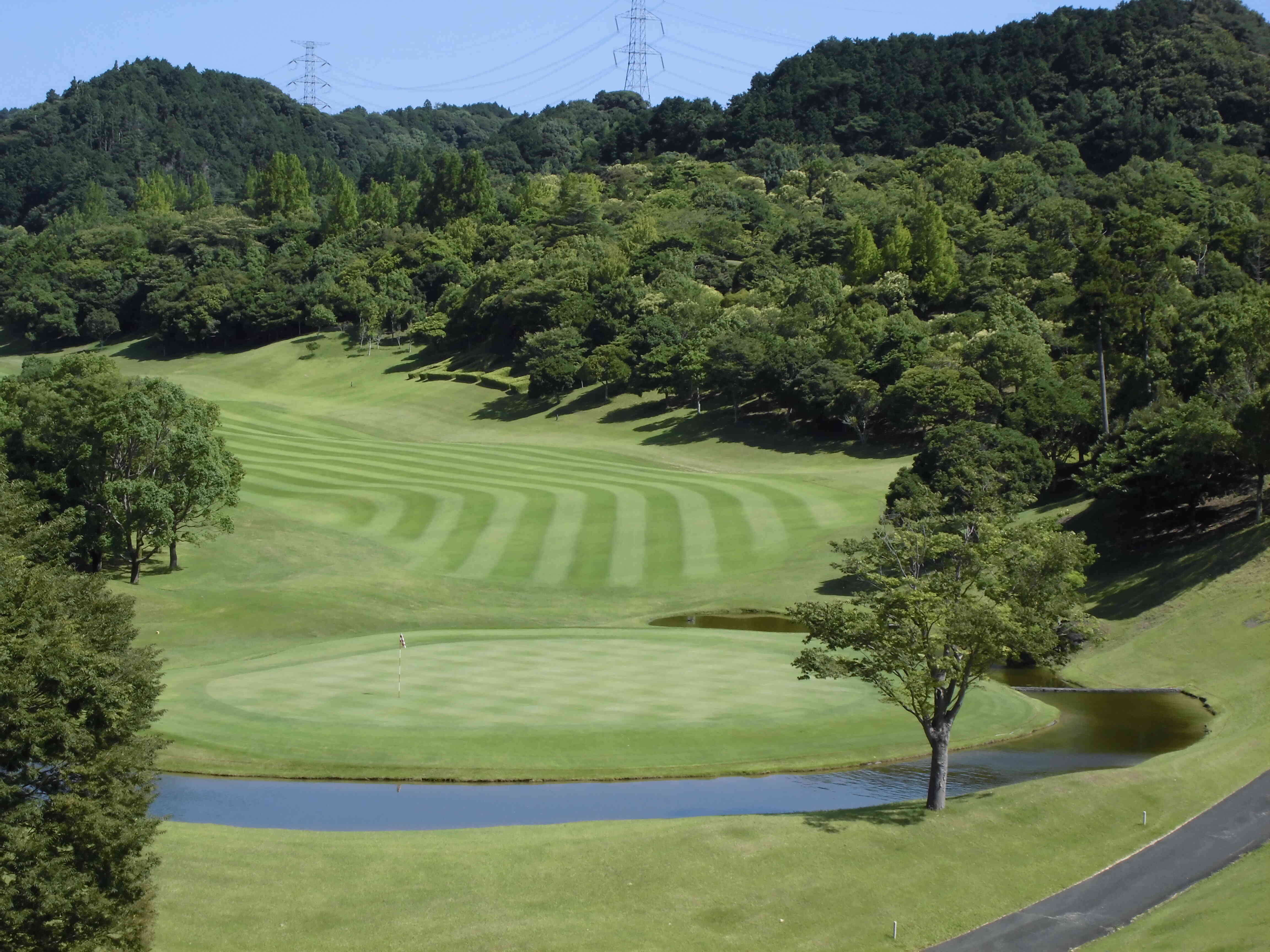 左サイドと奥に池が待ち構える谷越えホール