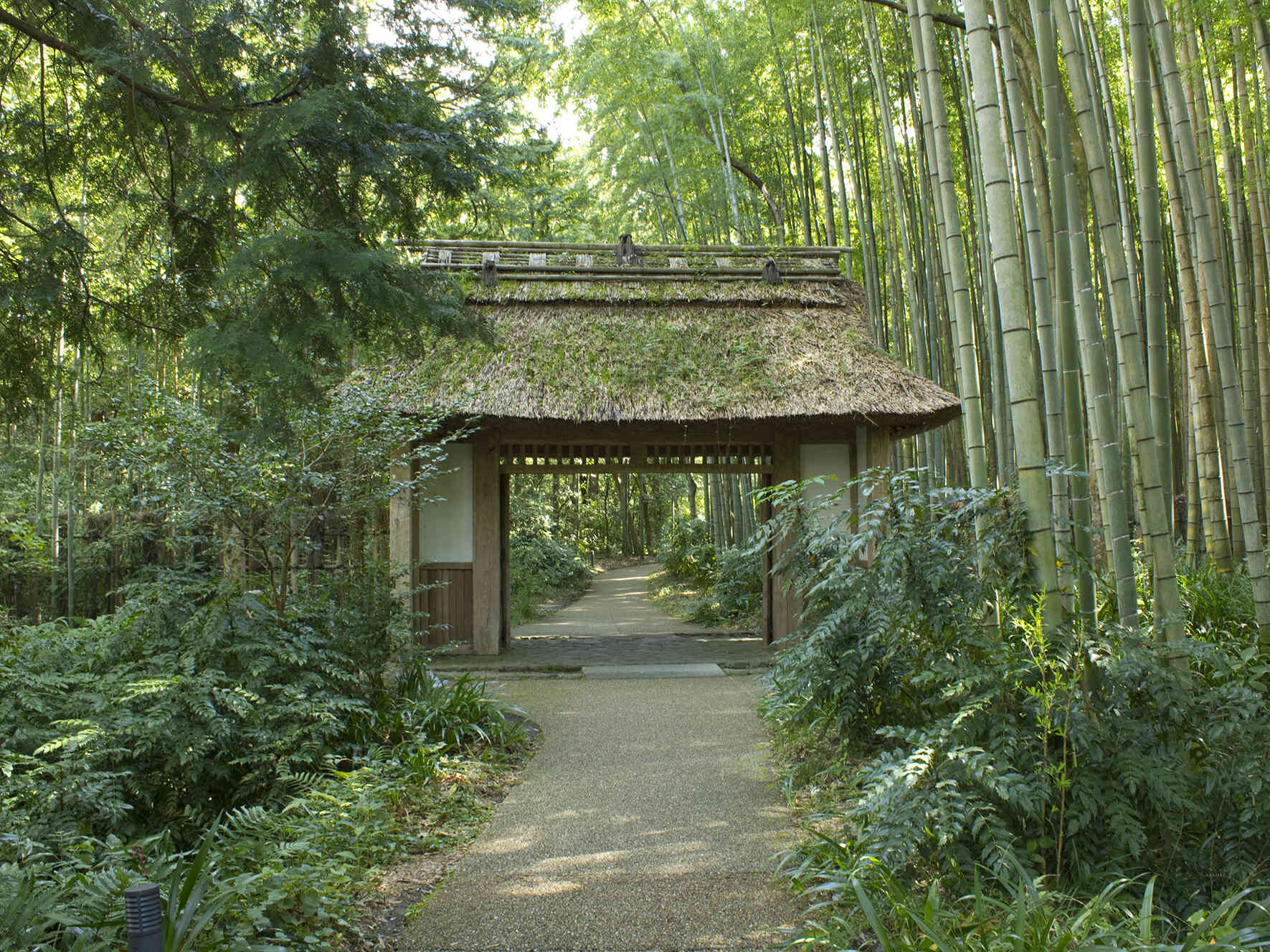 入口は隣接する「とらや工房」と共有の茅葺山門