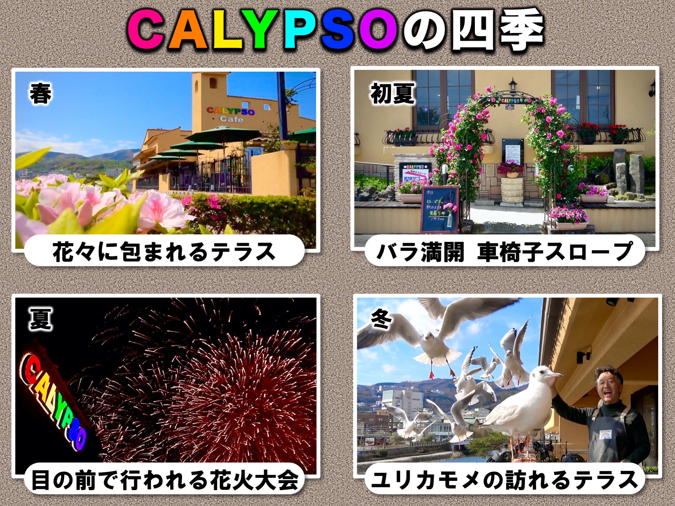 松川遊歩道となぎさ公園に面したCALYPSOは、春には色とりどりの花々、5月にはバラ、初夏にはブーゲンビリア、夏にはハイビスカスが咲き乱れ、目の前で伊東市の花火大会が行われます。秋には伊東の味覚を楽しめ、冬にはユリカモメが越冬に来る温暖な場所です。