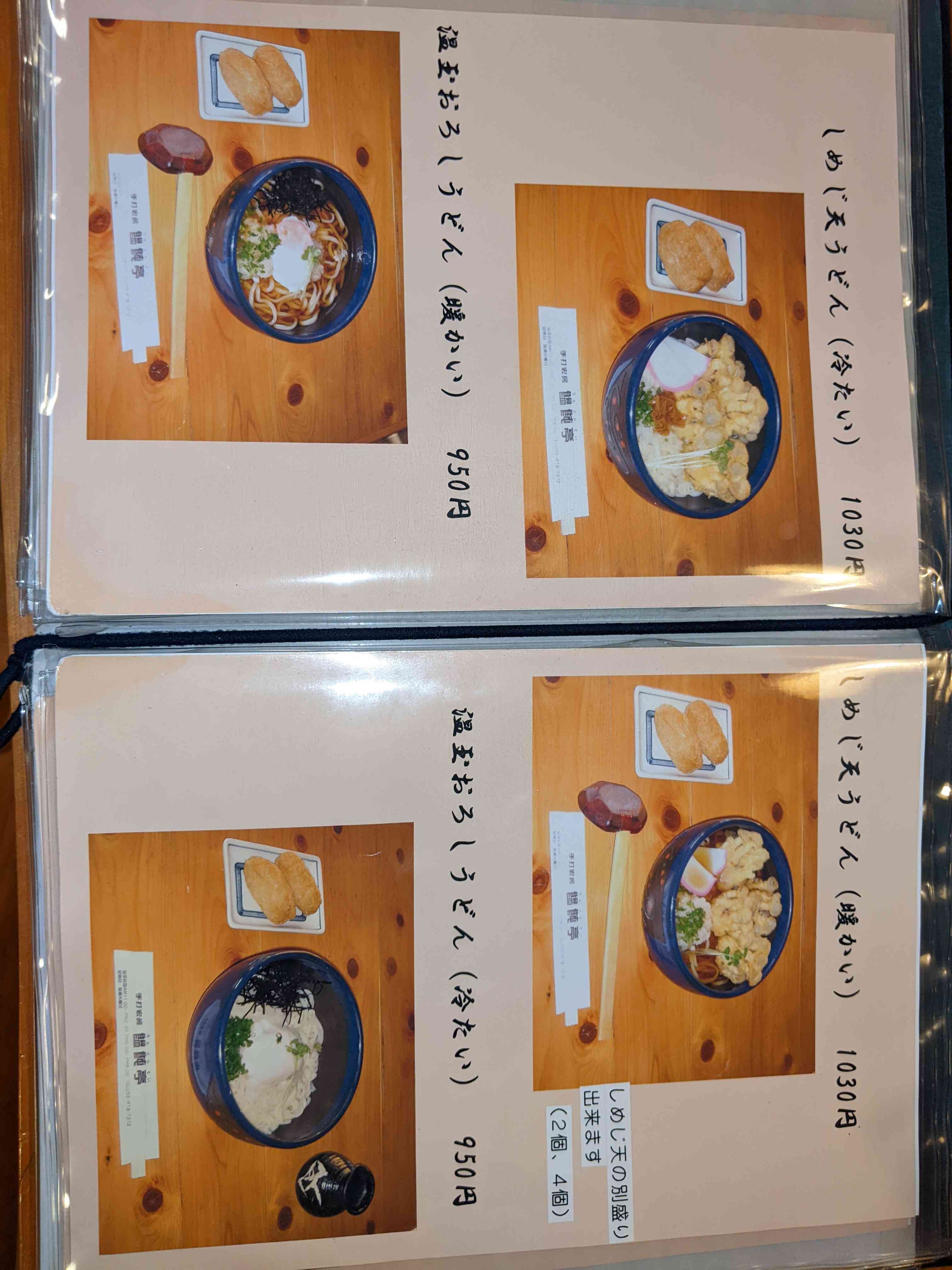 メニュー表 しめじ天うどん、温玉うどん