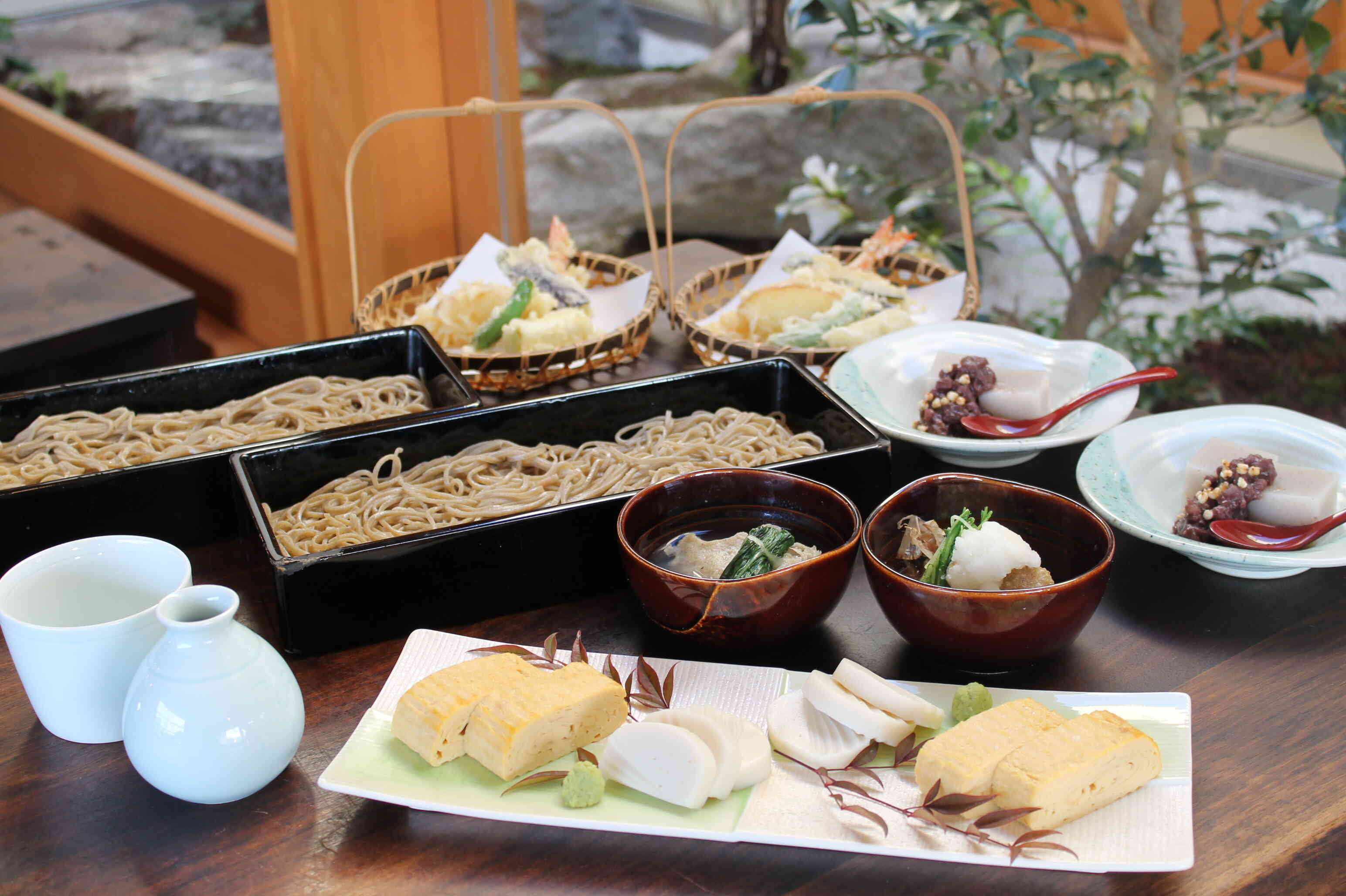 蕎の夕餉はそば屋のフルコース　いたわさ　だしまき　そばがき　天ぷら　せいろ　甘味　