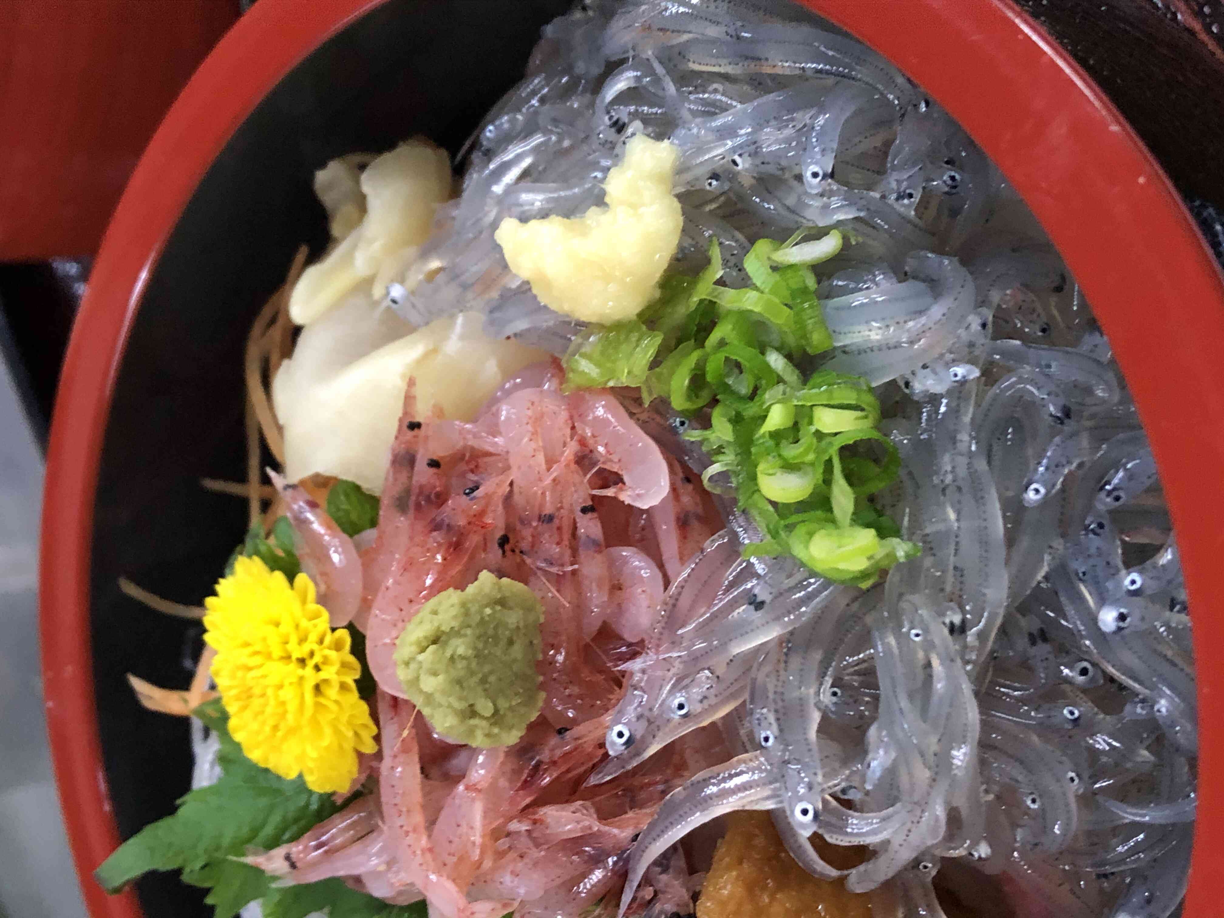 「駿河紅白丼」駿河湾特産・由比漁港水揚げの「桜えび」と「しらす」の人気メニューです。