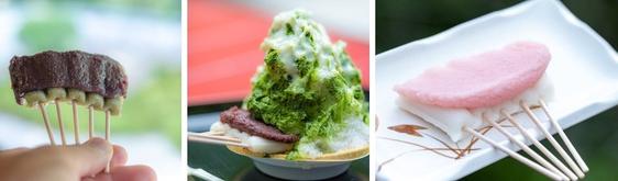左から、お茶だんご、厄除氷、イベント限定で無料配布された、いちごミルクだんご