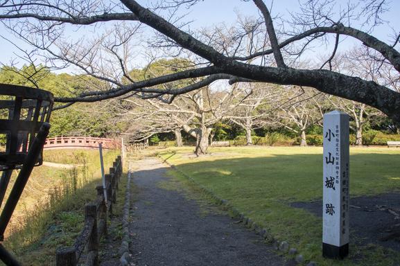 樹形が見事な桜が植えられた広場。左奥に見える赤い橋は、恋愛成就の手助けをしてくれる橋だそう